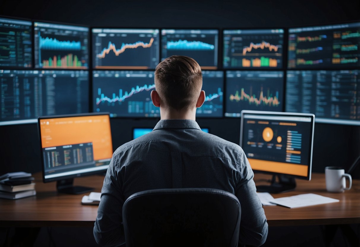 A person researching cryptocurrency investments, surrounded by charts and graphs, with a computer and financial documents nearby