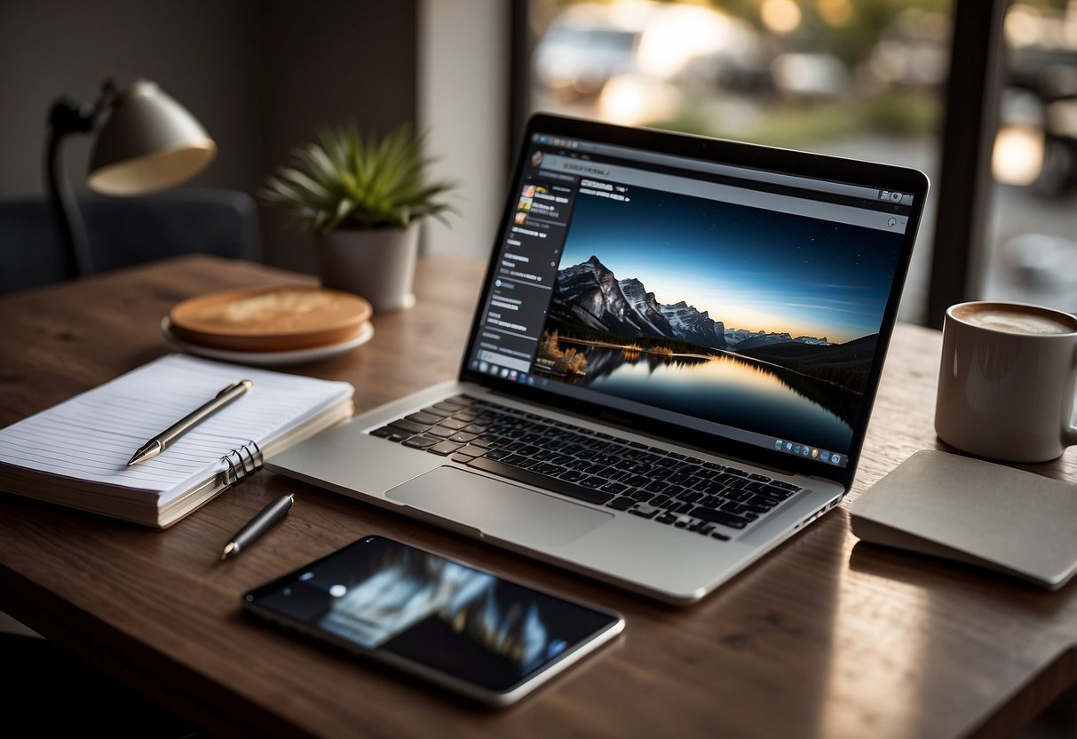 A laptop open on a desk, surrounded by notebooks, pens, and a cup of coffee. A clock on the wall shows the passage of time