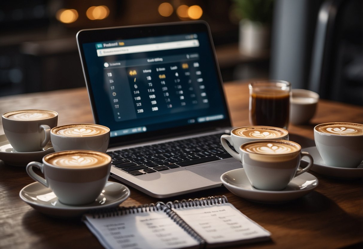 A laptop with a digital marketing strategy book open, surrounded by coffee cups and a calendar showing 24-hour countdown