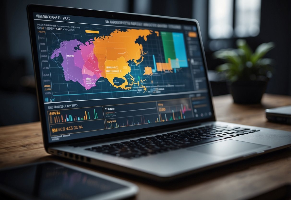 A computer screen displaying a digital business platform being created and managed within 24 hours. Graphs and charts show growth and success