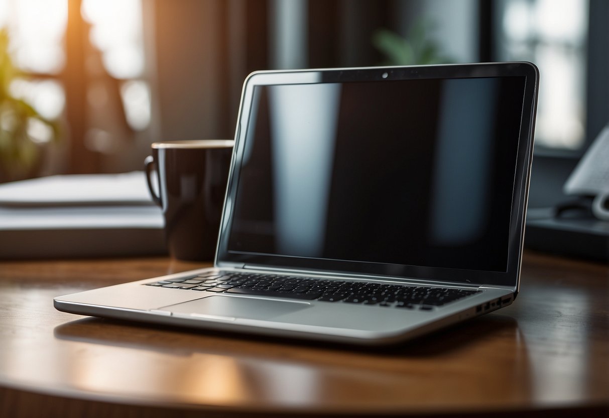 A laptop open on a desk, surrounded by papers, a cup of coffee, and a clock showing 24 hours