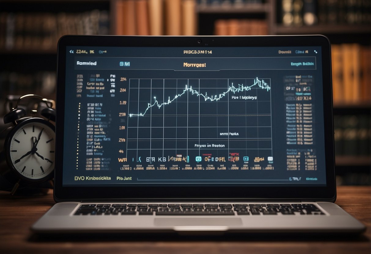 A laptop with a progress chart on the screen, surrounded by books on digital marketing and business strategy. A clock shows 24 hours