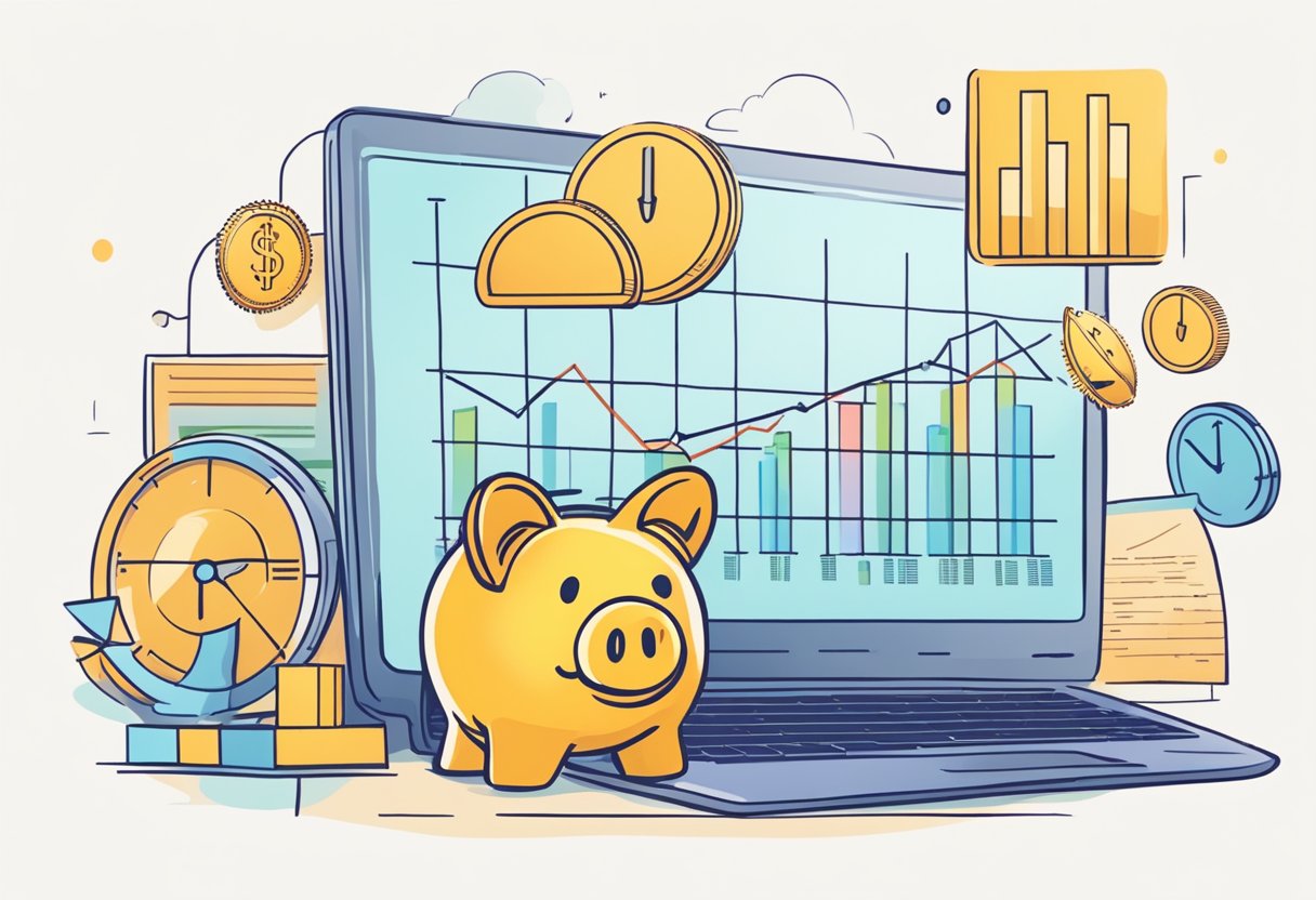 A table with a laptop, financial documents, and a piggy bank. A graph showing an upward trend. A person happily looking at their bank account balance