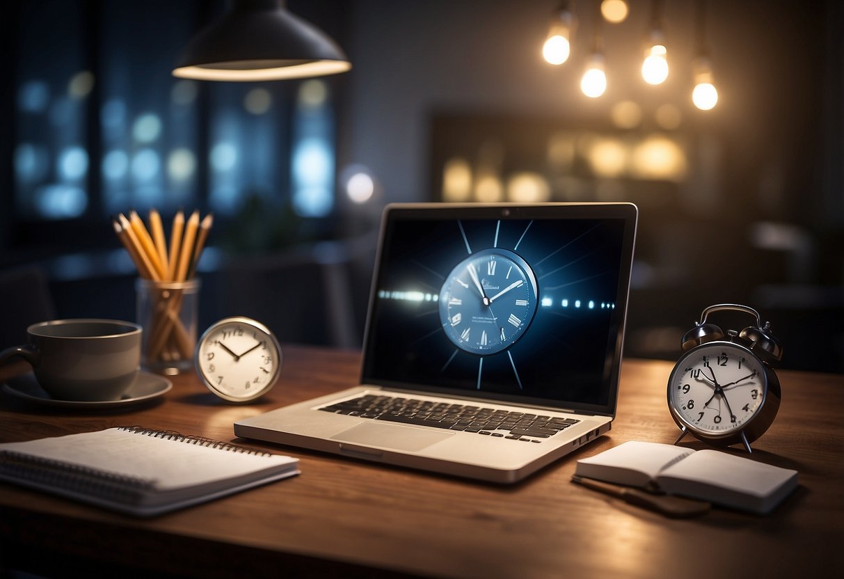 A laptop, notebook, and pen on a desk with a clock showing 24 hours. A lightbulb overhead signifies a new business idea