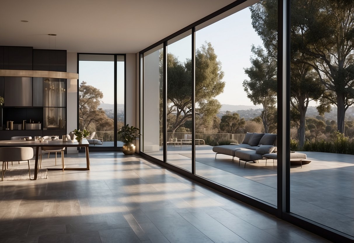 Sleek, floor-to-ceiling windows with clean lines and minimal framing, showcasing panoramic views of Beverly's modern homes in 2024