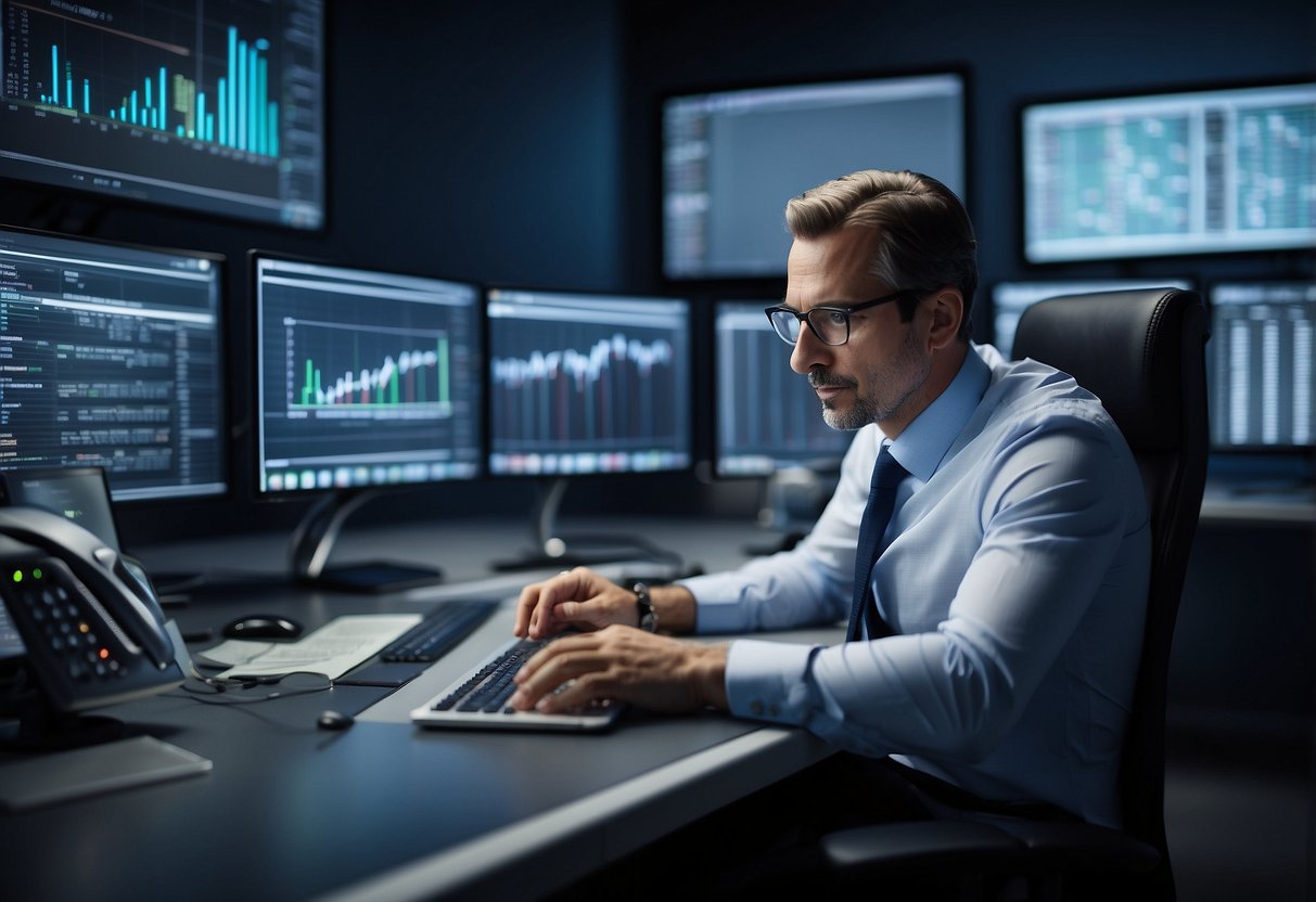 A CIO tracking metrics daily, surrounded by screens and charts, analyzing data and making strategic decisions