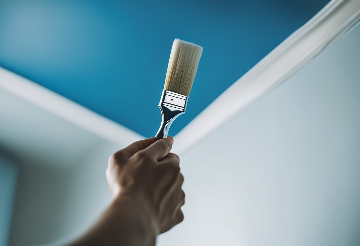 A hand holding a paintbrush carefully applies white paint to a trim against a blue ceiling