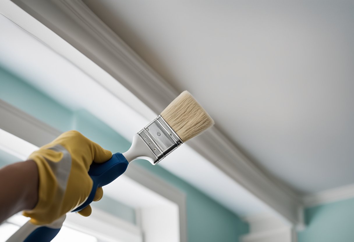 A paintbrush and roller apply white paint to a ceiling and trim. A ladder and drop cloth are nearby