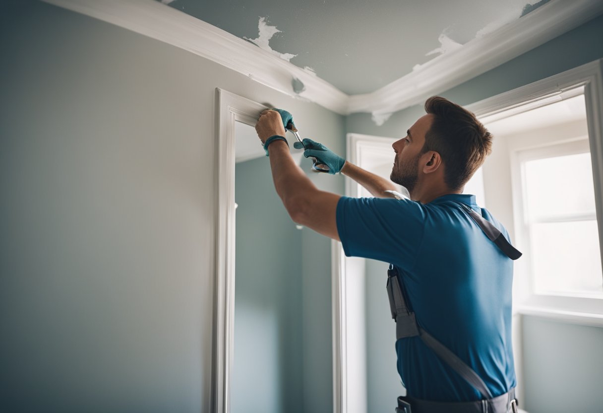 A painter carefully taping off edges and covering furniture before applying paint to the trim and ceiling