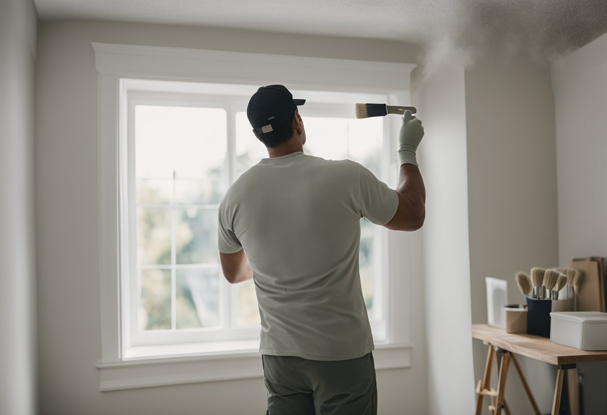 Trim and ceilings being painted, with brushes and rollers. Drying process followed by re-coating for a smooth finish