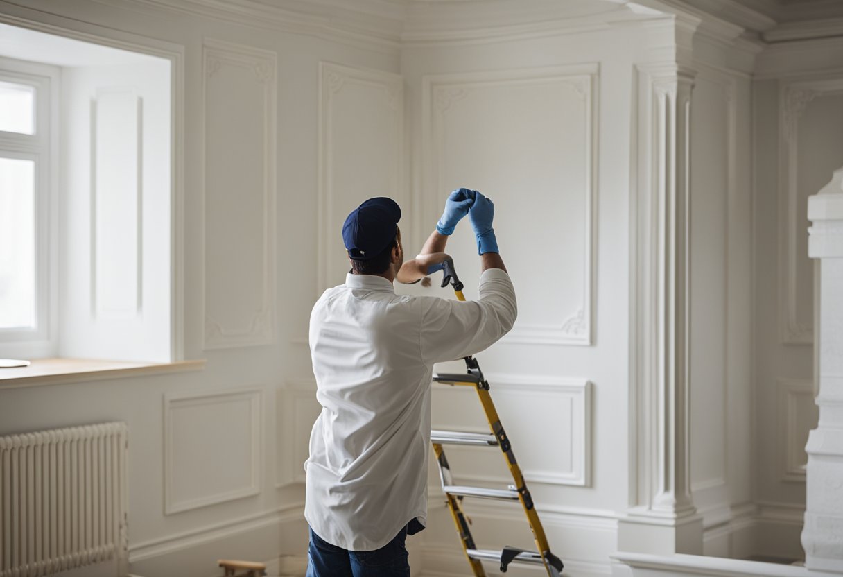 A painter carefully applies white paint to detailed trim and ceilings, adding the finishing touches to the room