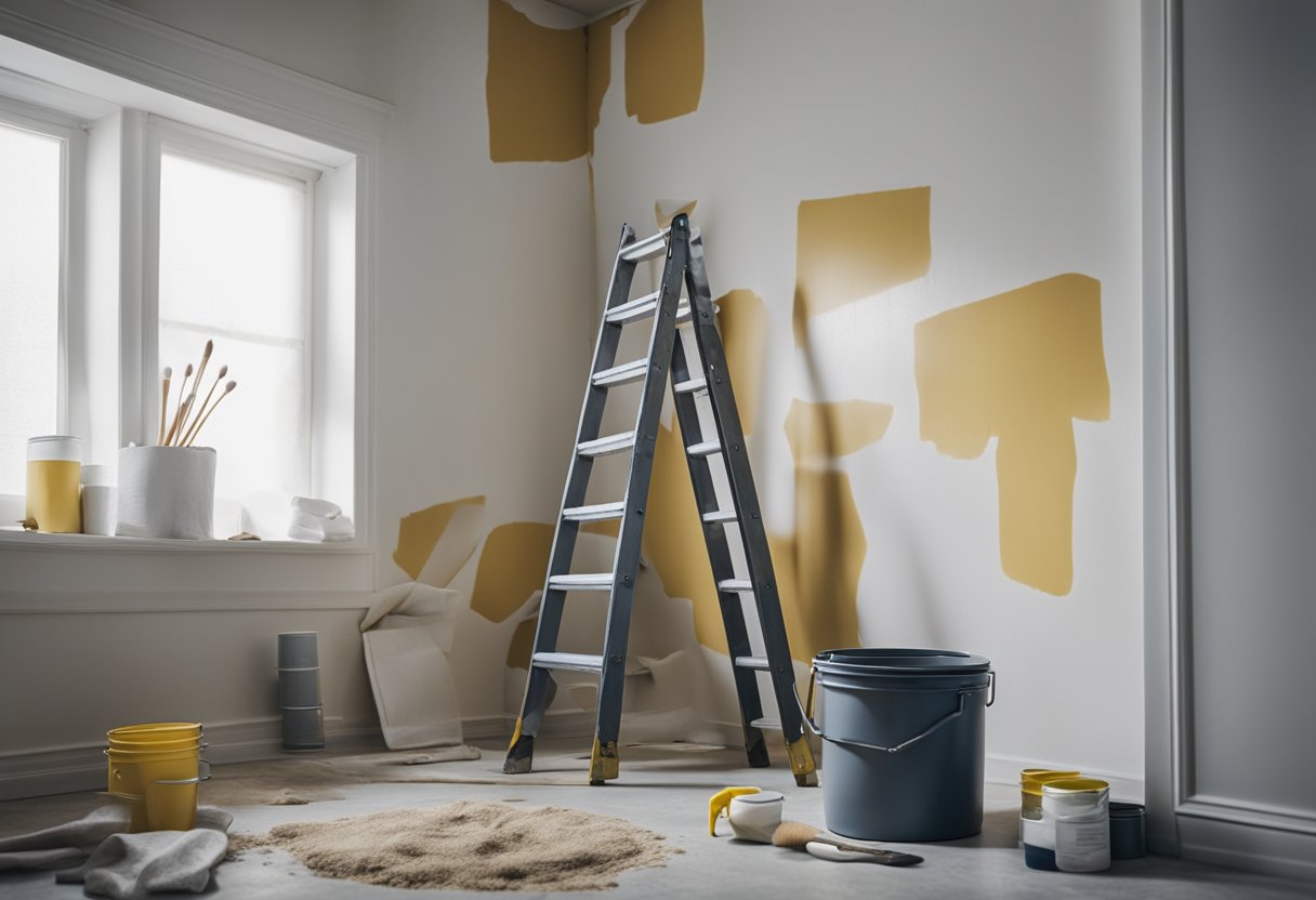 A room with a ladder, paint cans, brushes, and drop cloths. Walls and ceiling are being painted with precision