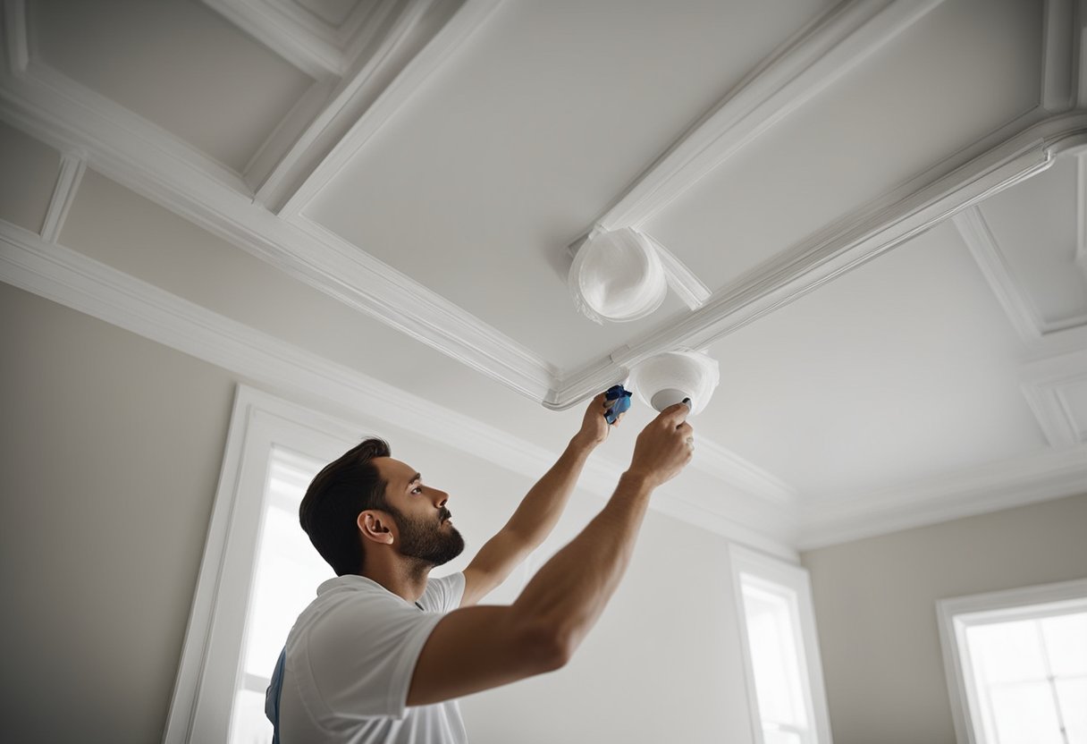 A painter carefully applies white paint to trim and ceilings with a steady hand and precision