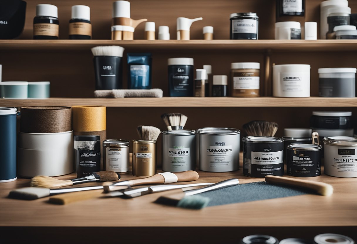 Various materials like paint, wallpaper, and textured finishes displayed on a wall. Brushes, rollers, and samples are nearby