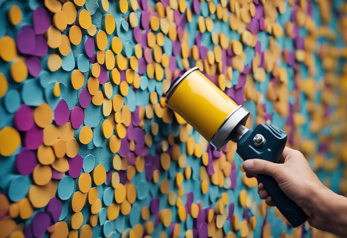 A paint roller glides over a textured accent wall, creating a decorative finish with bold colors and intricate patterns