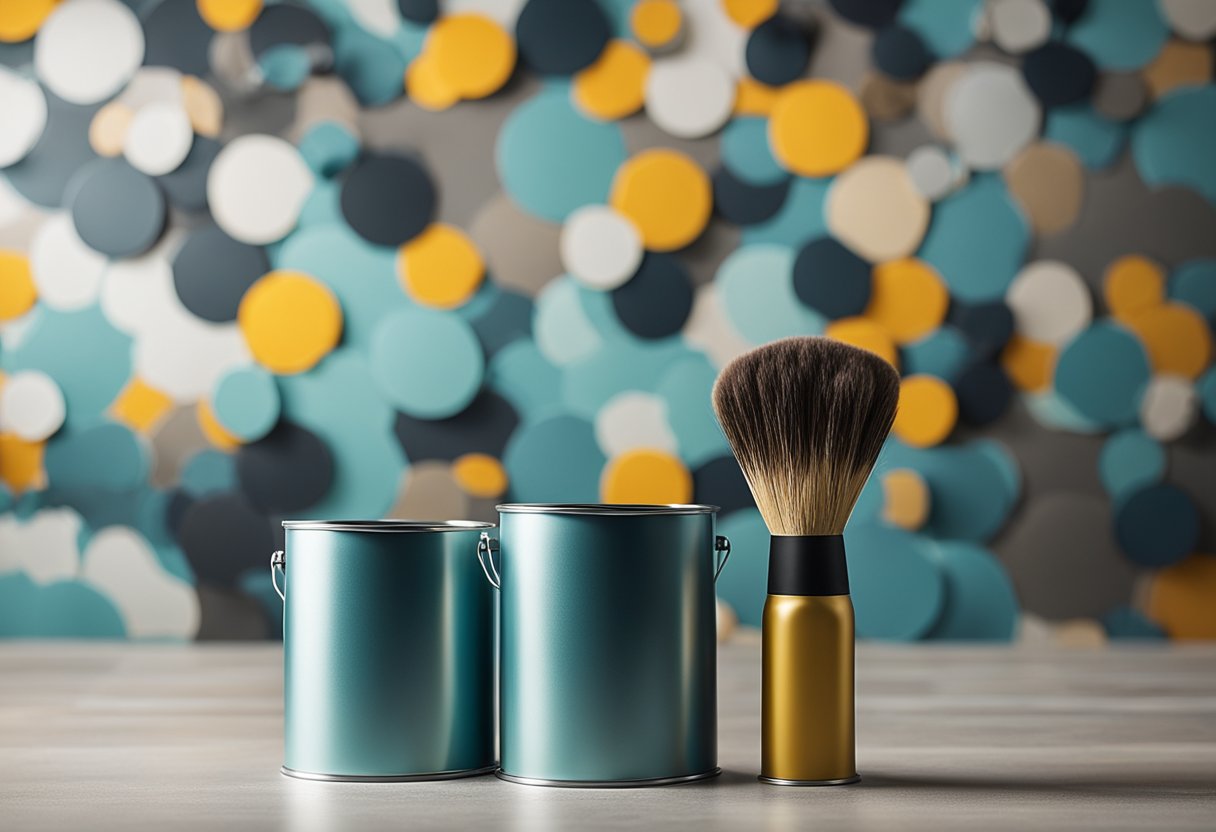 A room with a painted accent wall, featuring decorative finishes like stenciling or wallpaper. Paint cans, brushes, and tape are scattered around