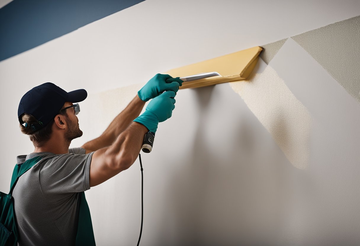 A painter carefully applies textured paint to a feature wall, creating a striking accent with meticulous attention to detail