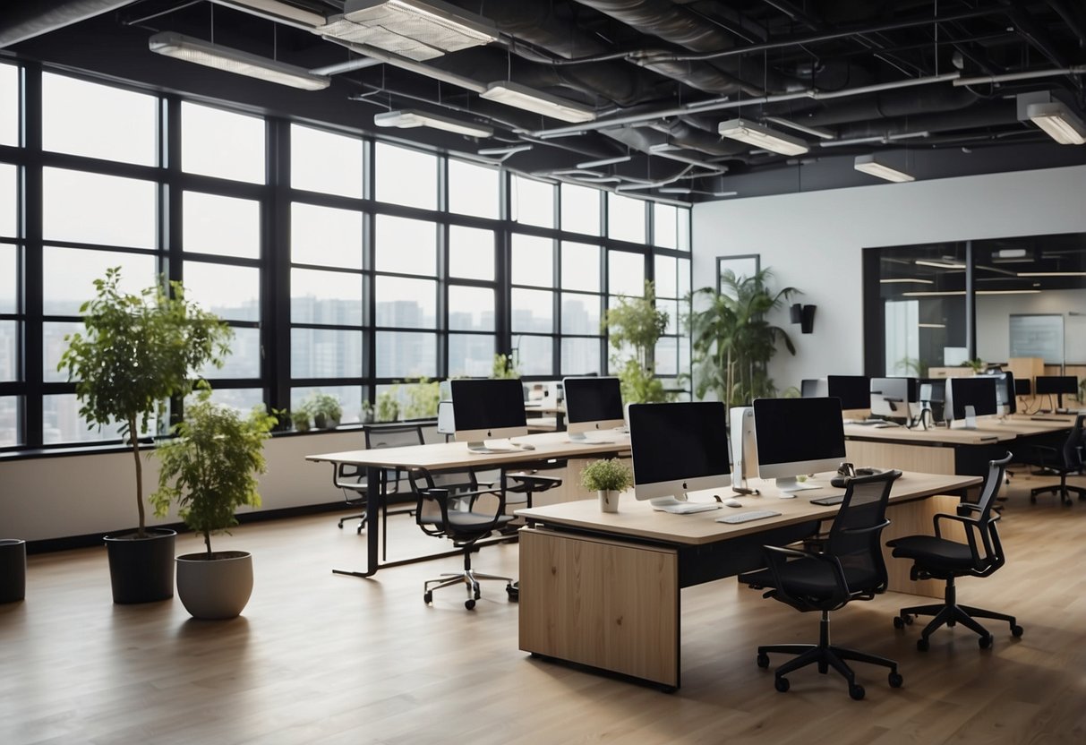 A modern office with digital tools and collaborative spaces, blending with traditional elements. Innovative energy radiates from the diverse team