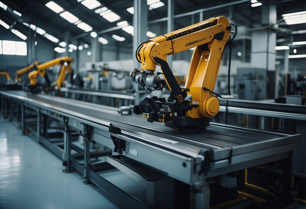 A factory floor with robotic arms and conveyor belts, integrating digital technology to streamline production processes