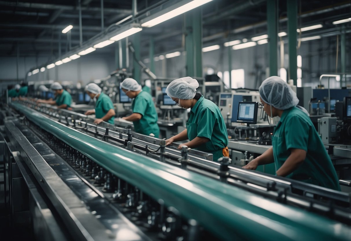 A traditional factory with modern machinery and technology, workers operating digitalized equipment, and a visible decrease in production costs