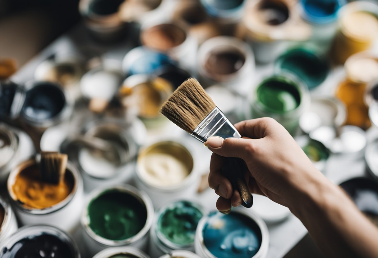 A hand holding a paintbrush, carefully correcting a smudged section on a canvas. Various paint tubes and brushes scattered on a messy but organized workspace