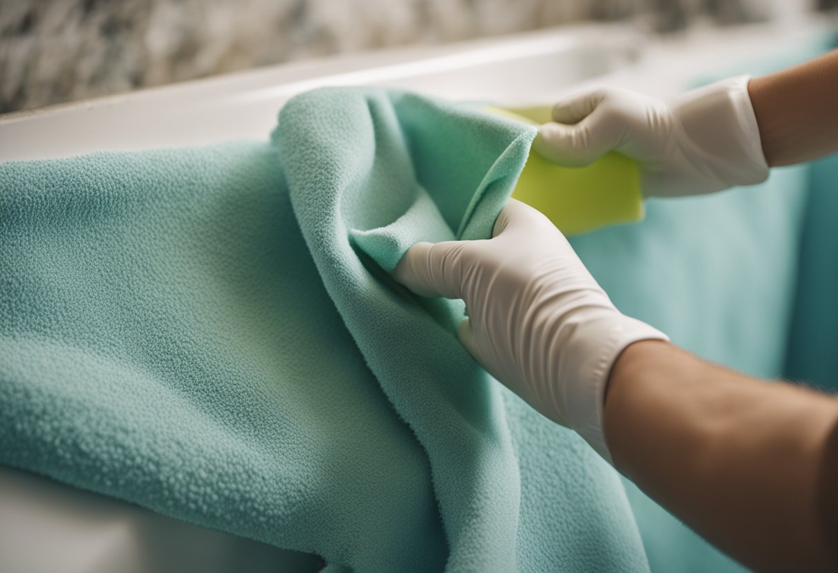 A person uses a soft cloth to gently wipe down a painted surface, removing dust and dirt. They use a mild cleaning solution to spot-treat any stubborn stains, being careful not to scrub too hard and damage the paint