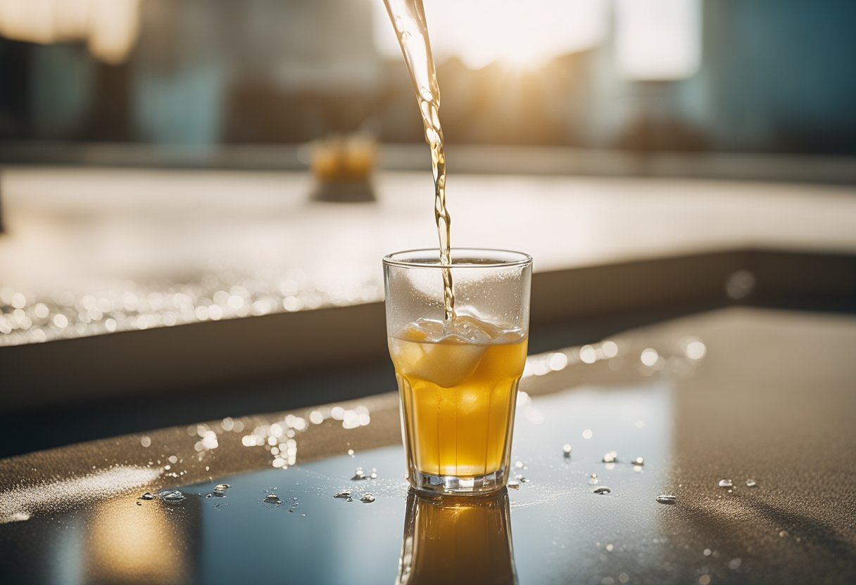 A spilled drink on a painted surface, with a cloth and cleaning solution nearby