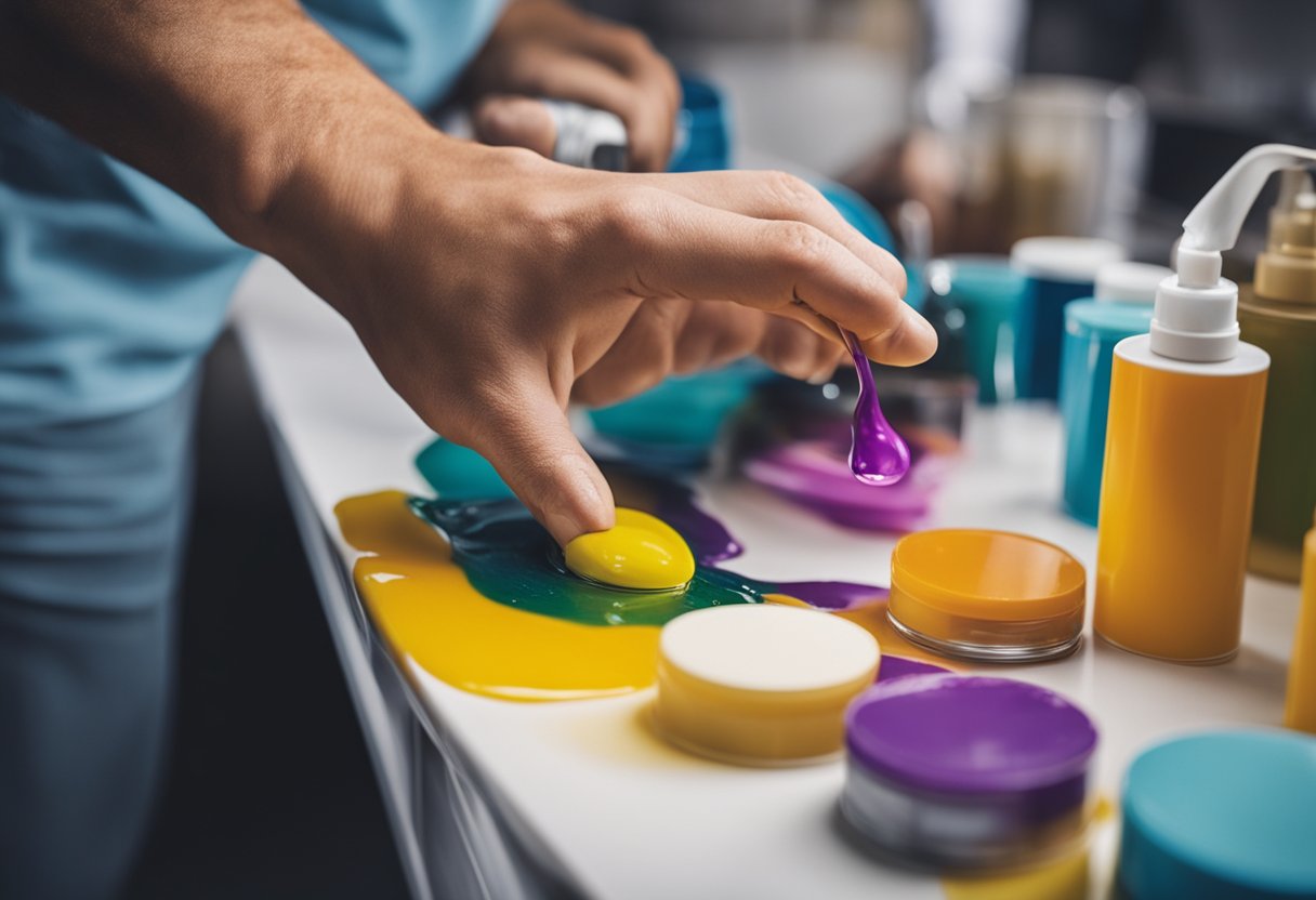 A hand applying a clear protective coating to a freshly painted surface, creating a glossy finish and sealing in the vibrant colors