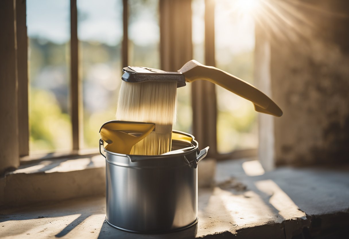 Paint can in hand, brush poised over chipped wall. Drop cloth laid out, tools organized. Sunlight streams through window, highlighting imperfections