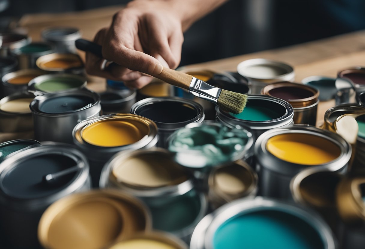 A hand holding a paintbrush and selecting from various paint cans and tools on a workbench