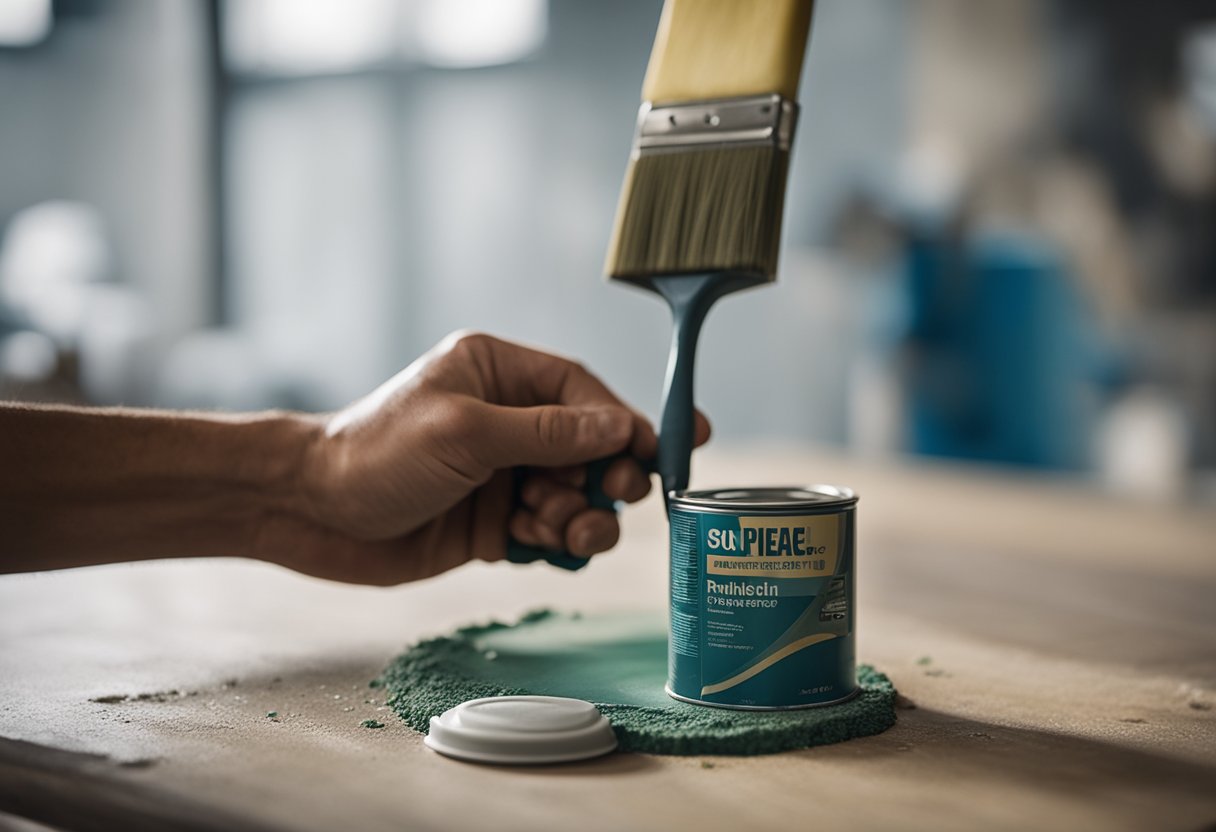 Paintbrush applying fresh paint to a weathered surface, with a hand holding a paint can nearby. A paint roller and sandpaper sit on a nearby table