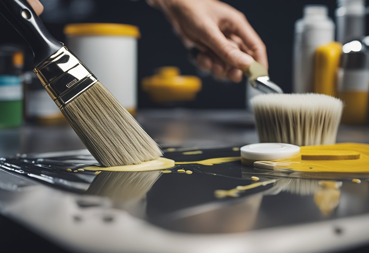 A hand holding a paintbrush applies a clear protective coating to a freshly painted surface, ensuring long-lasting durability and preventing damage from environmental factors