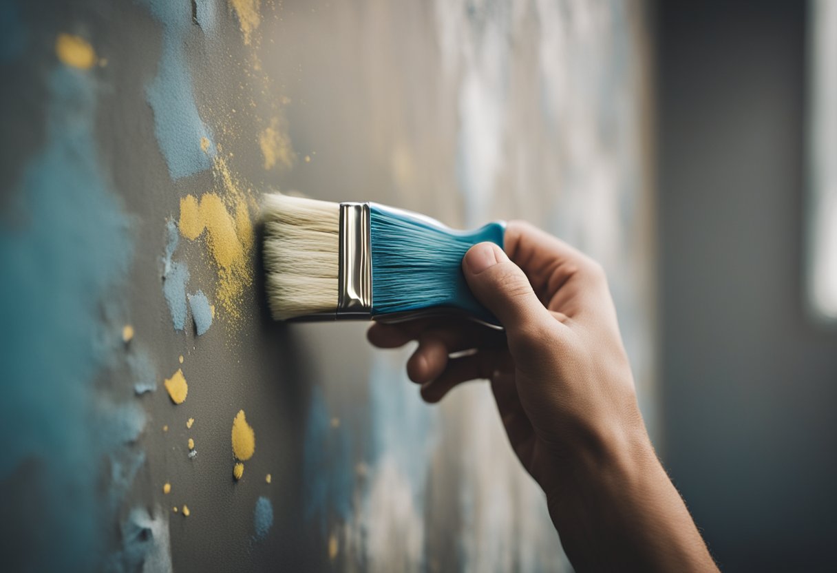 A hand holding a paintbrush, carefully touching up a faded area on a wall. A can of paint sits nearby, along with a rag for wiping away excess paint