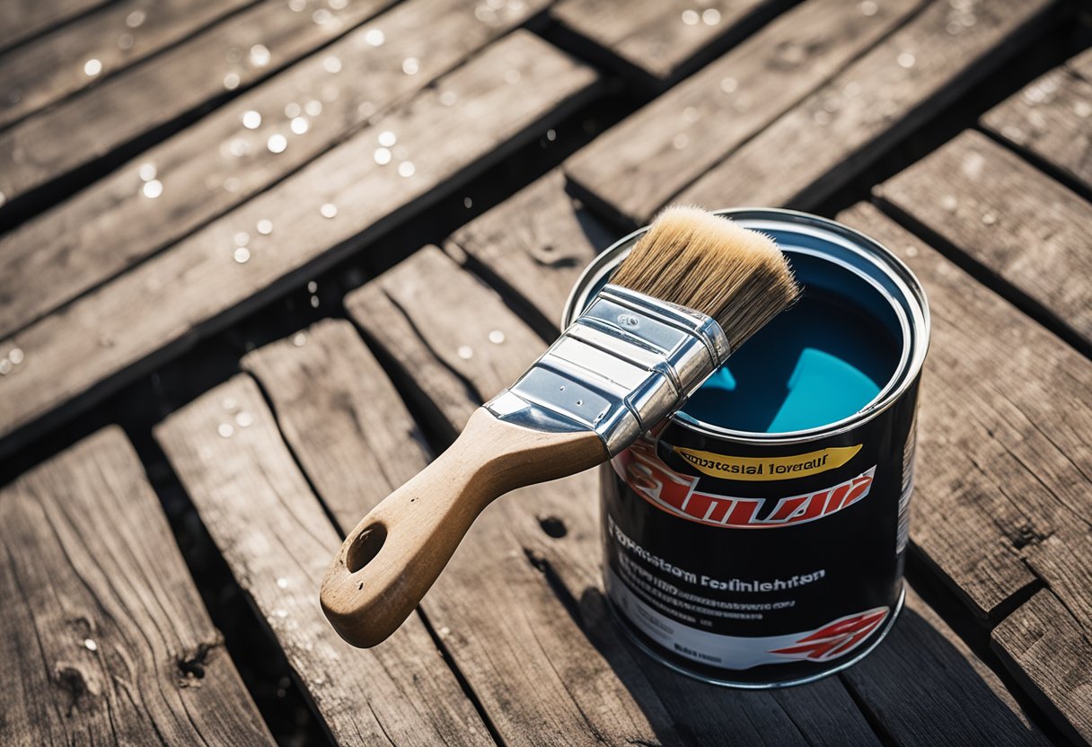 A paint can and brush sit on a weathered wooden deck, exposed to sun and rain. The paint is chipped and faded, showing the need for touch-ups and maintenance