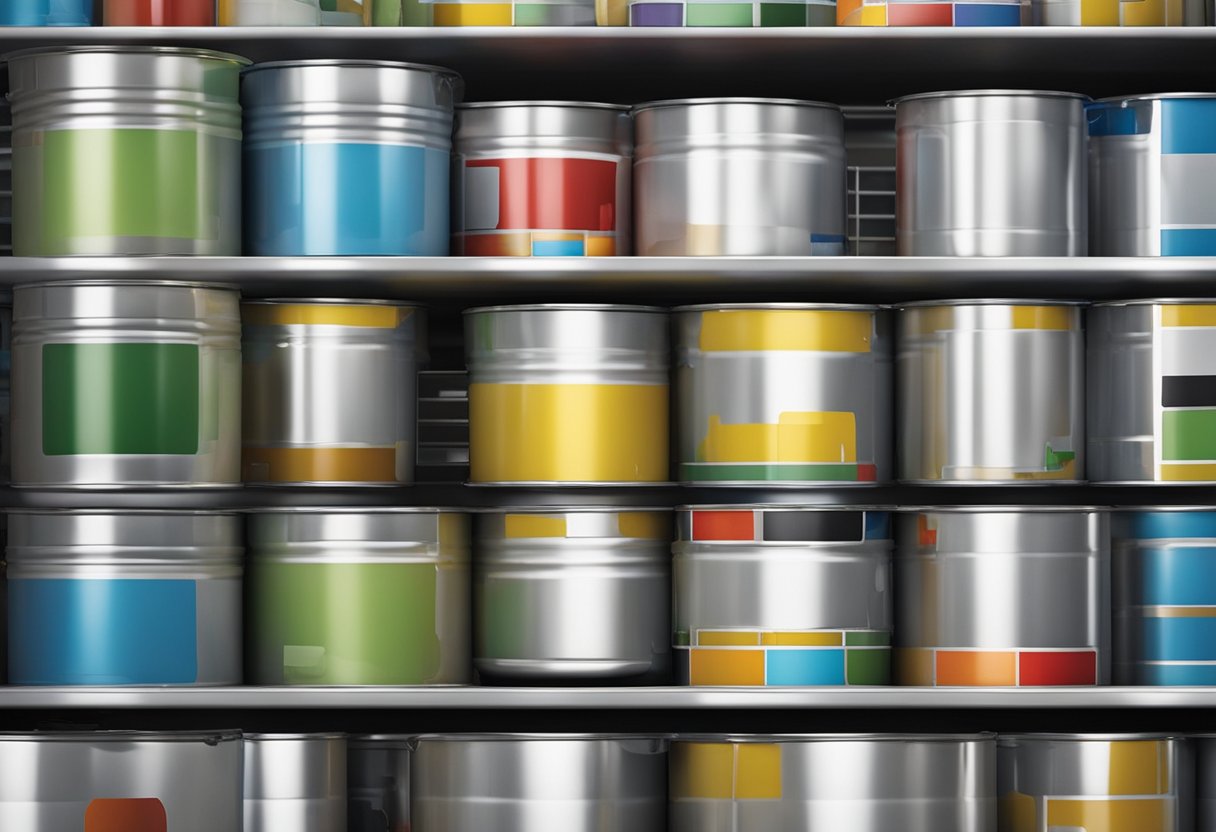 Various paint cans and brushes neatly organized on shelves. A trash bin for disposal. A workbench with touch-up supplies and maintenance instructions