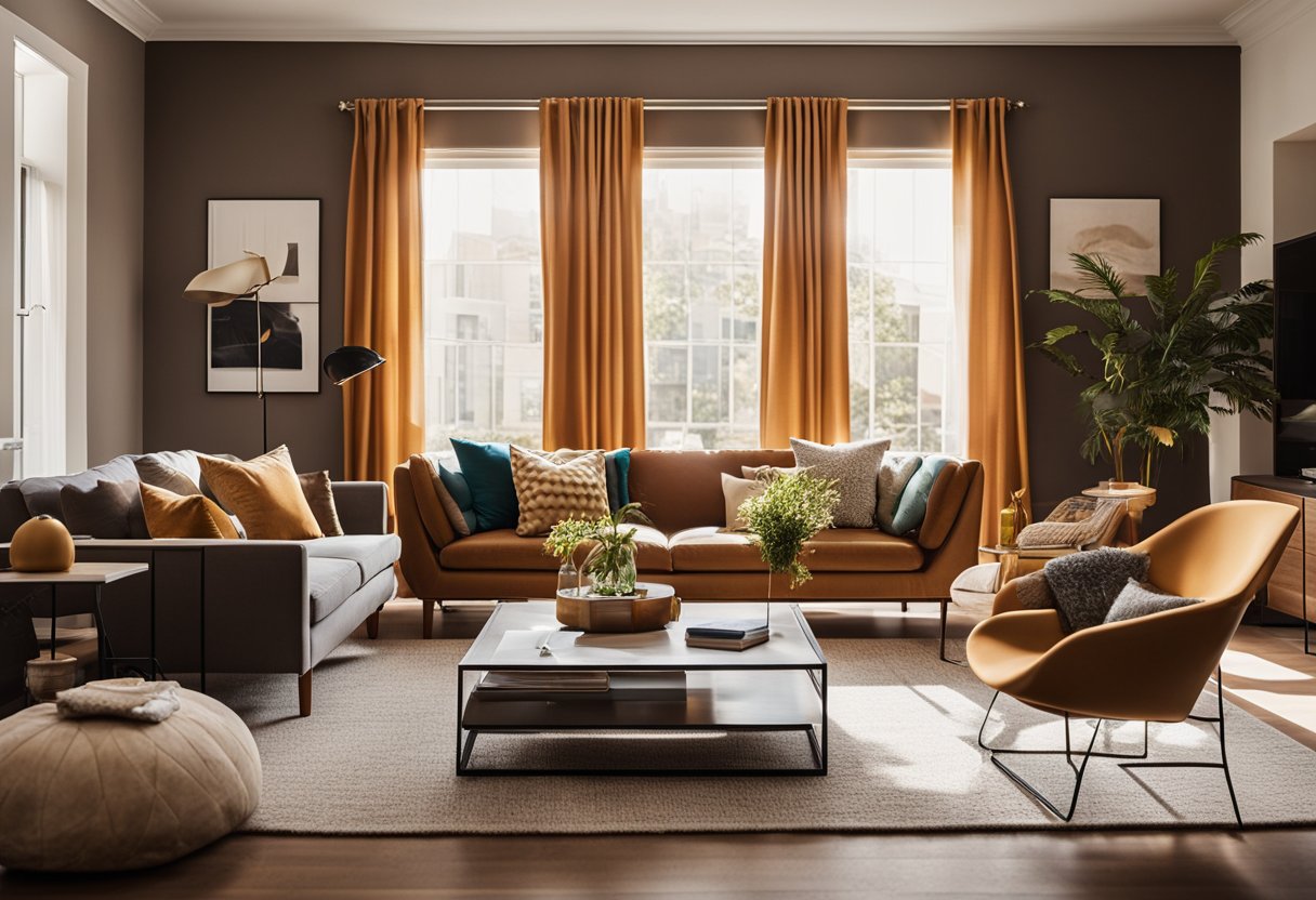 A cozy living room with warm, earthy tones on the walls, accented by vibrant pops of color in the form of abstract art. Light streams in through large windows, casting a soft glow on the room