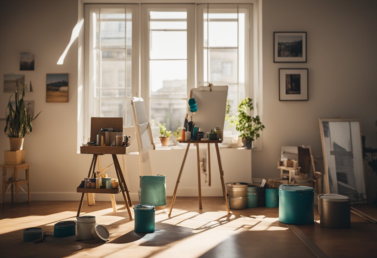 A bedroom with colorful paint cans, brushes, and a blank canvas on an easel. Sunlight streams through the window, casting a warm glow on the scene