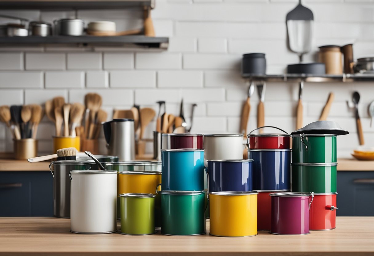 A kitchen with colorful paint cans, brushes, and a blank wall ready for creative painting projects