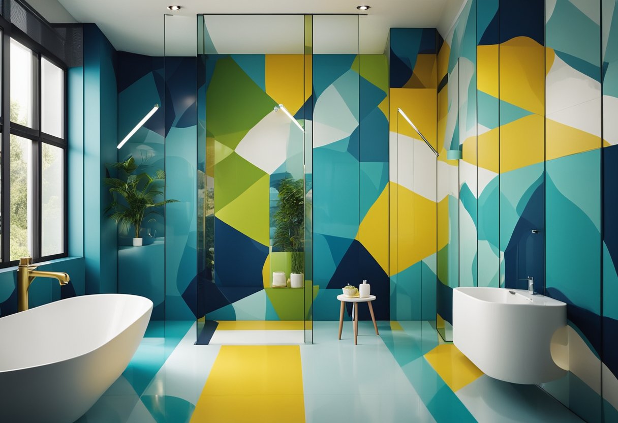 A colorful bathroom with abstract patterns on the walls, featuring vibrant blues, greens, and yellows. A mix of geometric shapes and flowing lines create a dynamic and modern look