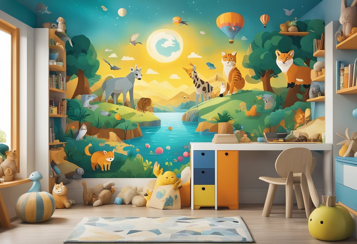 A colorful, imaginative painting adorns the walls of a children's room, featuring playful animals, vibrant landscapes, and whimsical characters