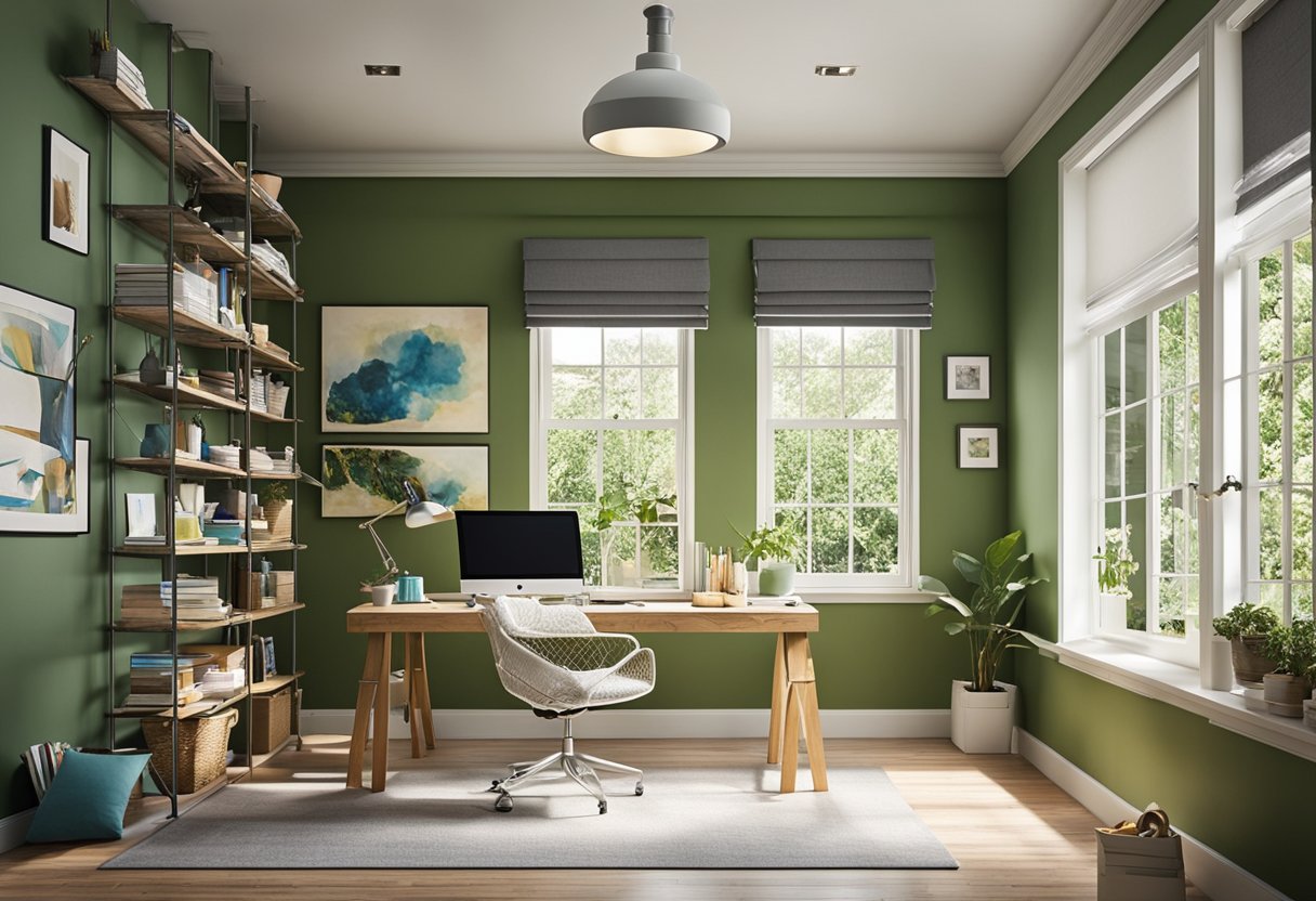 A bright, organized home office with a desk, computer, and shelves of art supplies. A large window lets in natural light, and colorful paintings adorn the walls