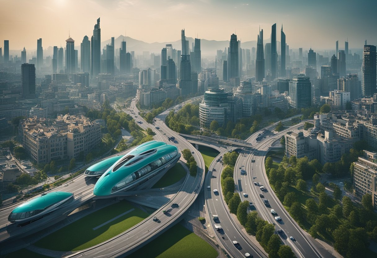 Before: Traditional city skyline with cars and pollution.
After: Futuristic city skyline with green energy and flying vehicles