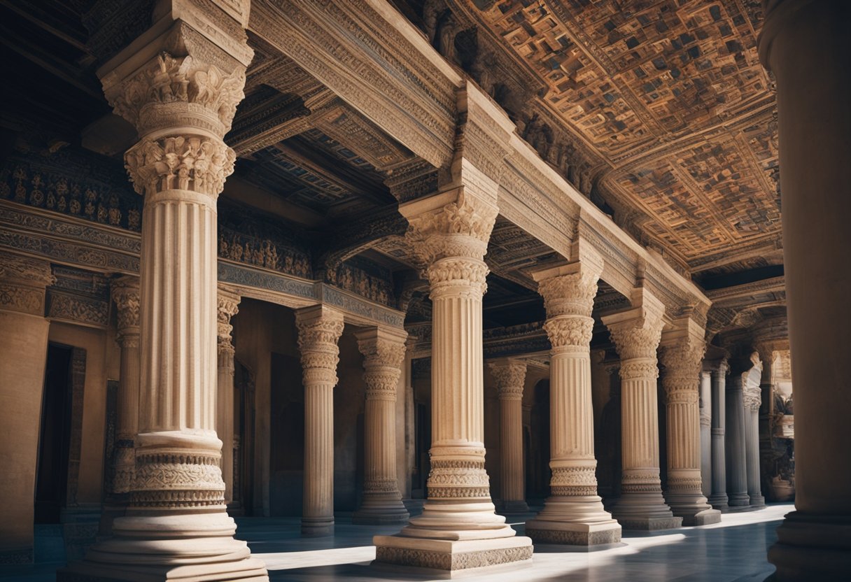 An ancient building with ornate columns and intricate details highlighted with vibrant paint, showcasing the historical use of paint in architecture