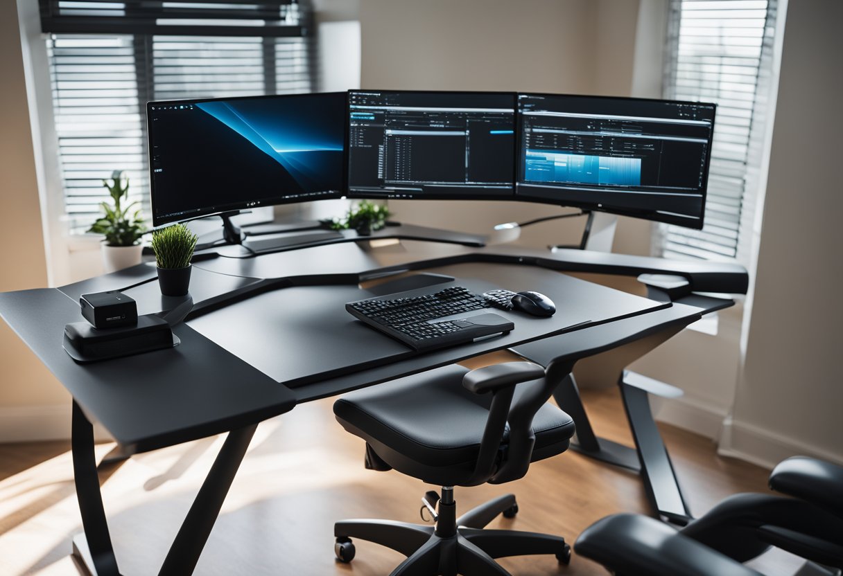 A sleek desk with adjustable monitor arms, a standing desk converter, wireless keyboard and mouse, smart lighting, and a dual monitor setup