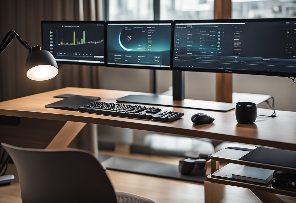 A sleek desk with a monitor, keyboard, and mouse. Smart home devices like a voice assistant, smart lights, and a security camera. Charging station for gadgets