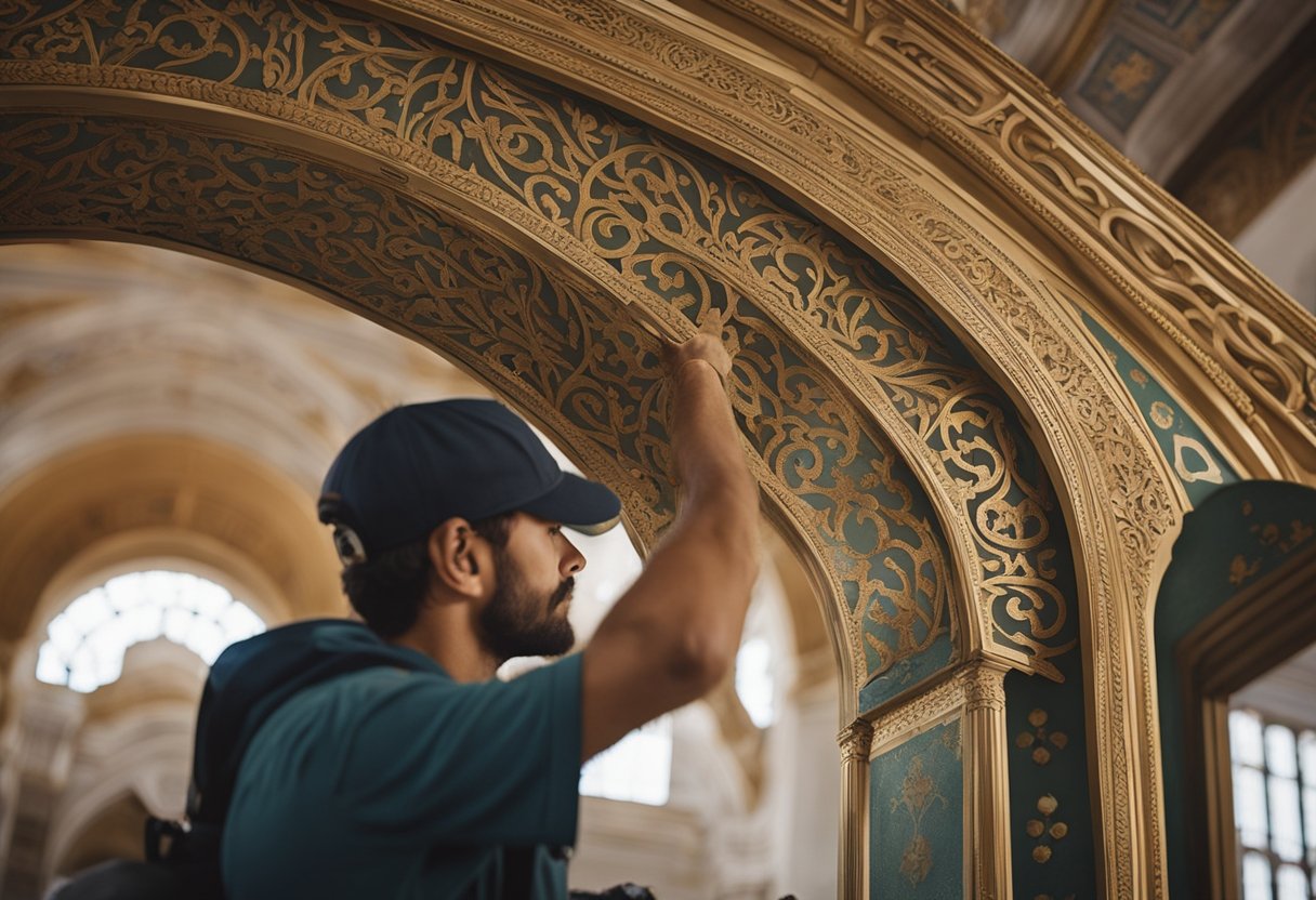 A painter carefully applies bold strokes of paint to emphasize the intricate details of a grand archway, bringing out its ornate design and adding depth to the overall structure