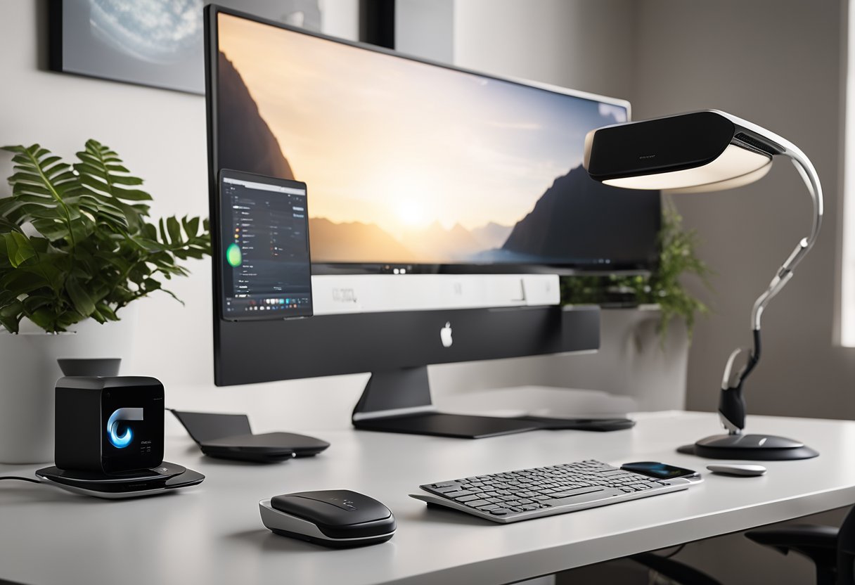 A sleek desk with a wireless charging pad, dual monitors, ergonomic keyboard, and smart desk lamp. Surrounding the workspace are noise-canceling headphones, a digital assistant, and a stylish cable organizer