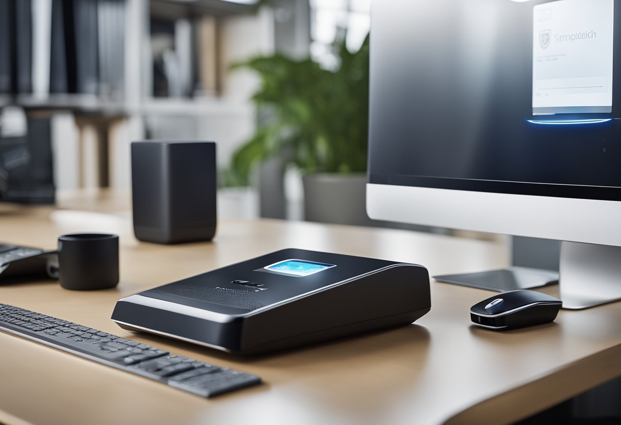 A sleek desk with a fingerprint scanner, secure router, encrypted hard drive, and webcam cover. A biometric lock on the door, and a shredder for sensitive documents