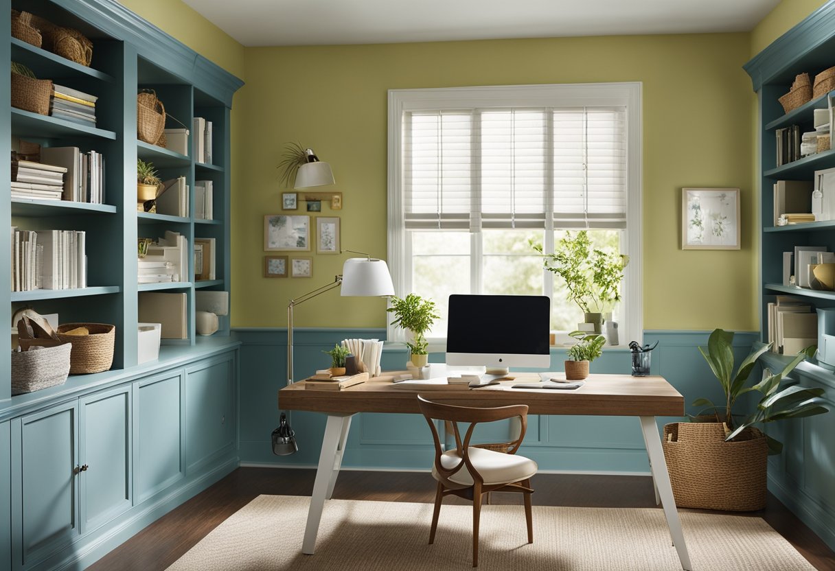 A home office with a desk, chair, and bookshelf. Walls painted in a calming blue, with accents of warm yellow and green. Natural light floods the room, creating a vibrant and inviting workspace
