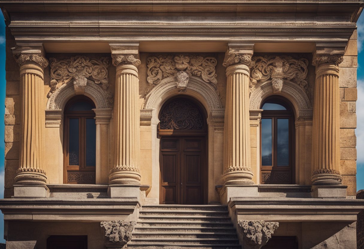 An old stone building with intricate carvings and ornate columns, highlighted with vibrant colors. Sunlight casts dramatic shadows on the textured surfaces